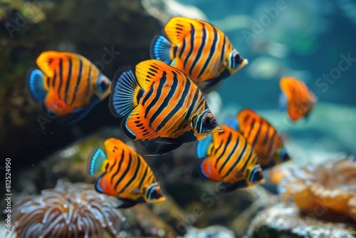 A vibrant group of orange and blue fish swimming in an aquarium