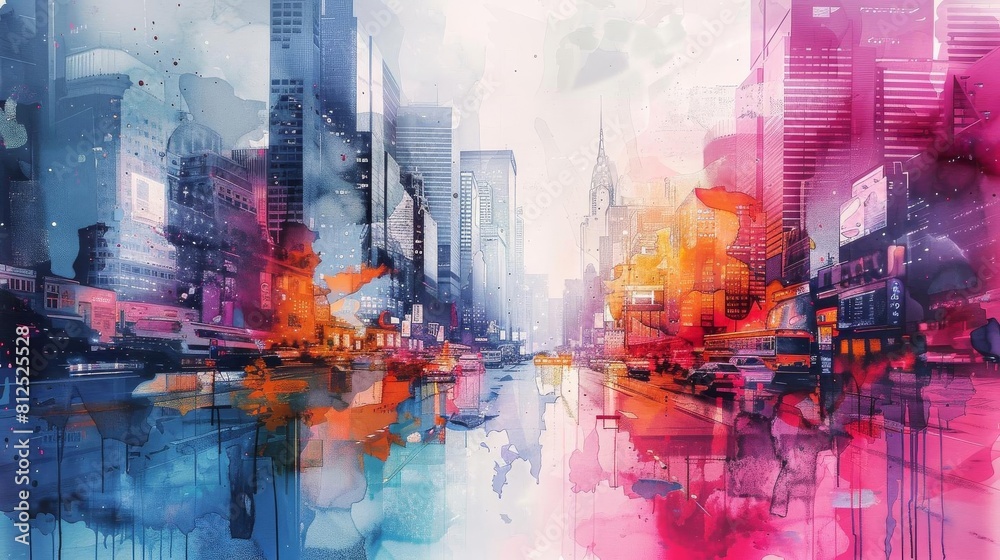 Abstract watercolor cityscape, vibrant strokes depicting a bustling urban scene