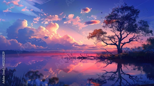 Beautiful scenery of a lake shore at twilight with stunning cloud and tree reflections and a floating trunk