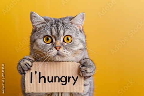 A cat is holding a cardboard box with the word "hungry" written on it. The cat's eyes are wide open, giving the impression that it is hungry and eager to eat. Concept of hunger and anticipation