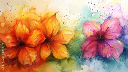 Floral watercolor arrangement, bright colors and fluid lines capturing the essence of spring