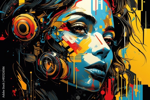 Generative AI. Colorful Urban Pop Art Portrait of Woman with Headphones.