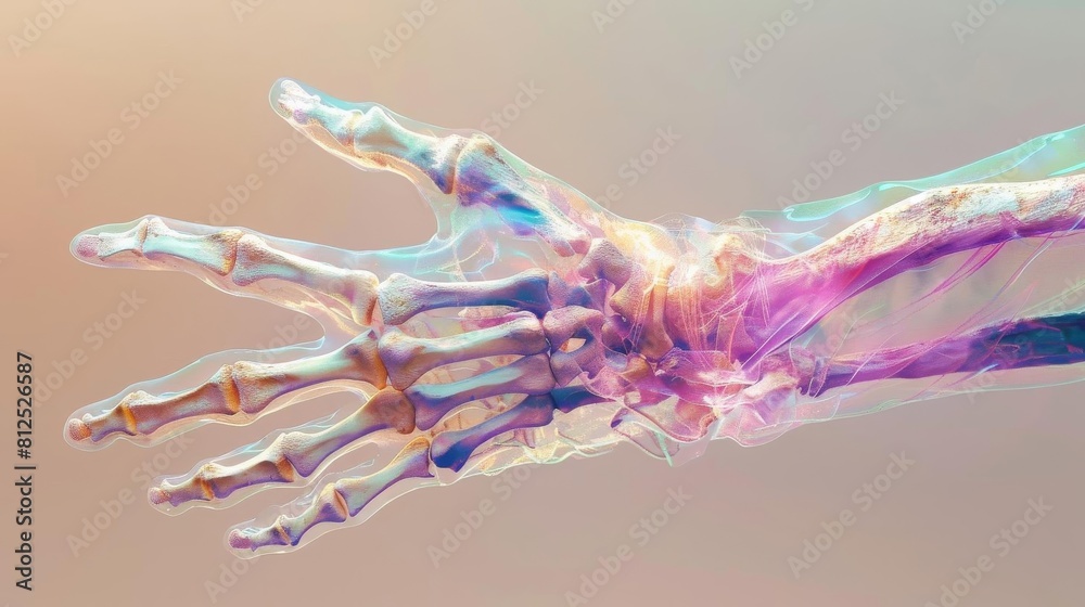 Fototapeta premium Image of a skeletal hand, bone density loss depicted with fading colors and fragile lines