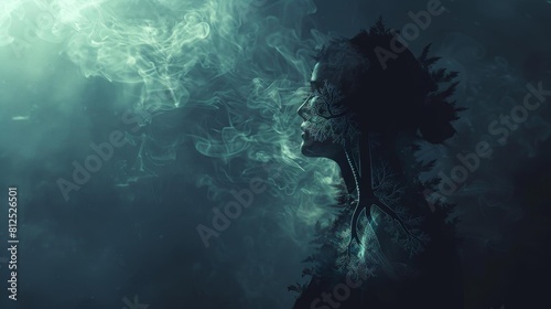 Human silhouette with shadowed lungs, deep blues and greys symbolizing respiratory ailments