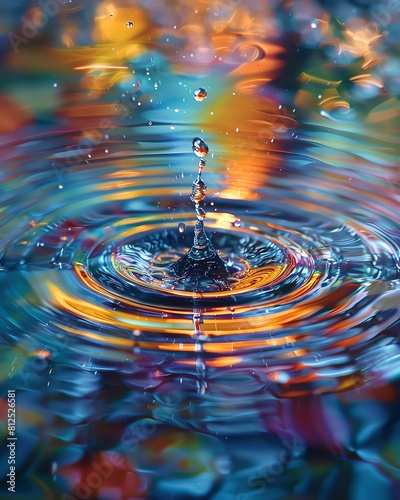 Closeup of water droplets rippling infinitely in a pond, side view, Water ripple forever, technology tone, Colored pastel photo