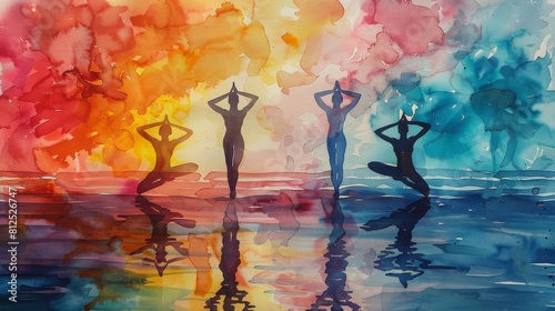 Morning yoga session on the beach, watercolor silhouettes against a calm, pastel sunrise