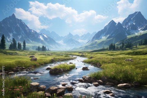 Generative AI. Kyrgyzstan landscape. Pristine Mountain Valley with Flowing River and Bright Blue Sky.