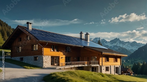 Mountain house in the mountains. modern hybrid house with solar panels, panoramic, natural lighting, clear sky, natural lighting, heavenly clouds, blue sky with with clouds, bright sun