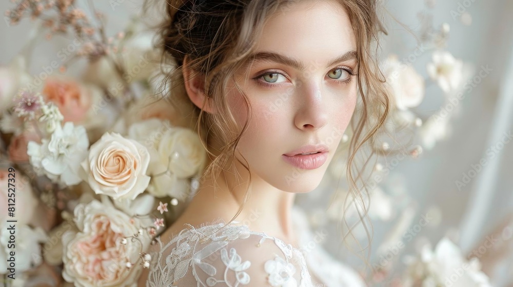 A bride on her wedding day, soft whites and delicate floral touches in a dreamy, romantic composition A bride on her wedding day, soft whites and delicate floral touches in a dreamy, romantic composition