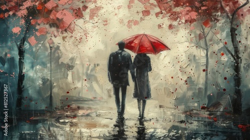 A couple walking under an umbrella, romantic scene painted with soft, rainy grays and pops of color