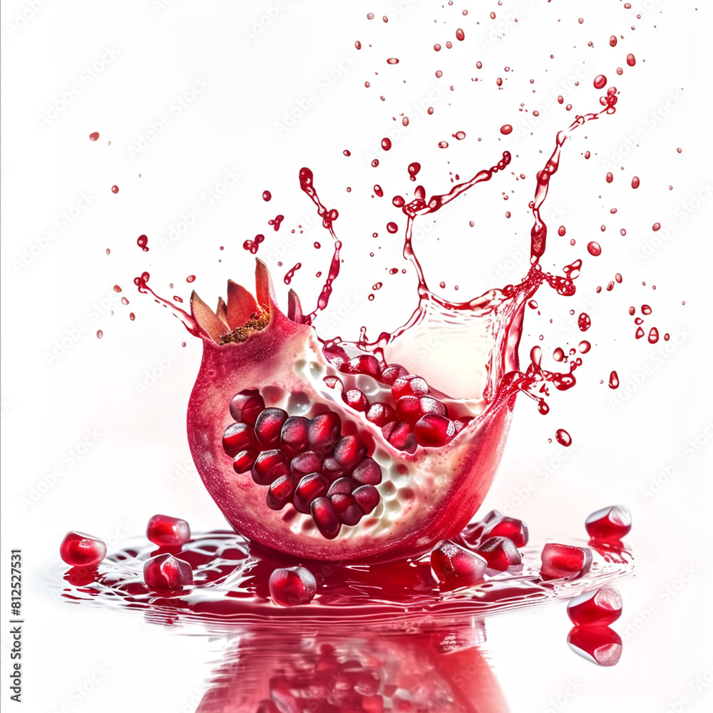 fresh pomegranate juice splash on white background