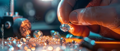 A closeup photo of a jeweler inspecting a precious gemstone in a welllit workshop, ideal for luxury goods advertising, featuring space for promotional text