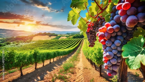 Sunlit vineyard with ripe grapes, showcasing the beauty of an agricultural landscape at sunset. photo