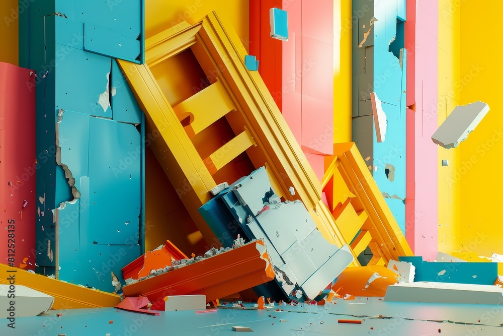 A colorful building made of blocks with a blue and pink section A colorful building made of blocks with a blue and pink section