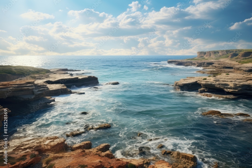 Generative AI. Libya landscape. Rugged Coastline and Turquoise Waters under a Sunny Sky. Generative AI. Libya landscape. Rugged Coastline and Turquoise Waters under a Sunny Sky.