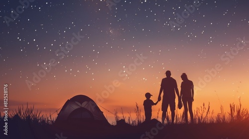 Backlit silhouette of a family camping under the stars on July 4th