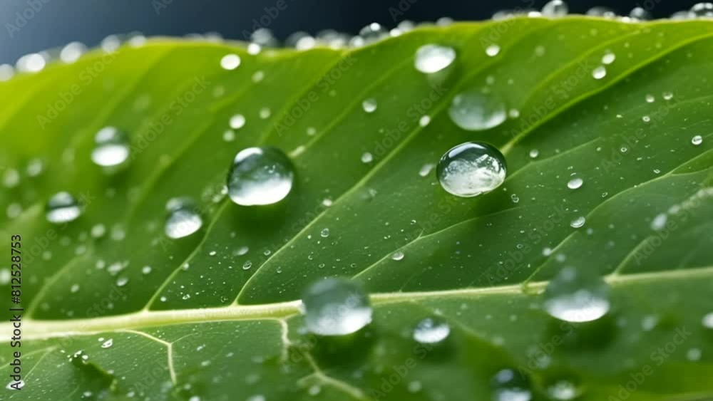 Macro of water drops on green tropical plant leaves. Alternative herb skin care medicine concept. Herbal essence dropping from leaf. Organic serum drop or green tea tree oil extract
