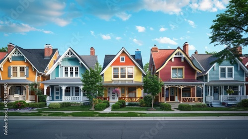 A row of colorful houses with a blue sky in the background. The houses are of different colors and styles, and they are all lined up along a street. Scene is cheerful and inviting