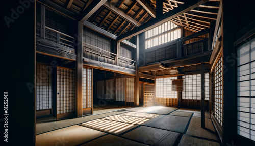 A tranquil and beautifully detailed interior of a traditional Japanese house, featuring tatami flooring, sliding shoji doors, and wooden beams, all bathed in soft natural light filtering through