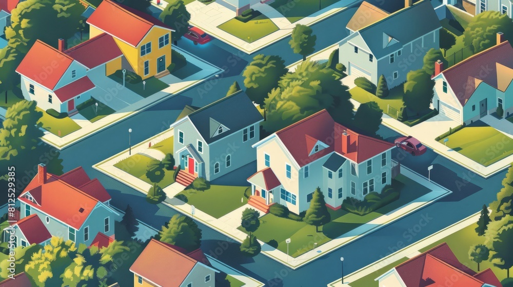 A cartoon drawing of a neighborhood with houses and trees. The houses are all different sizes and colors
