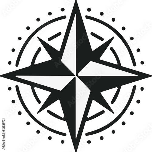 Compass icon. Vintage marine wind rose, nautical chart. Monochrome navigational compass with cardinal directions of North, East, South, West. Geographical position, cartography and navigation