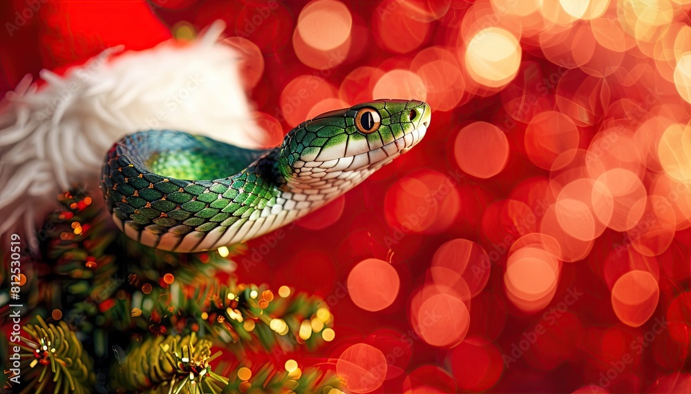 A green snake on the background of a red New Year's bokeh and a Santa hat. A green snake on the background of a red New Year's bokeh and a Santa hat.