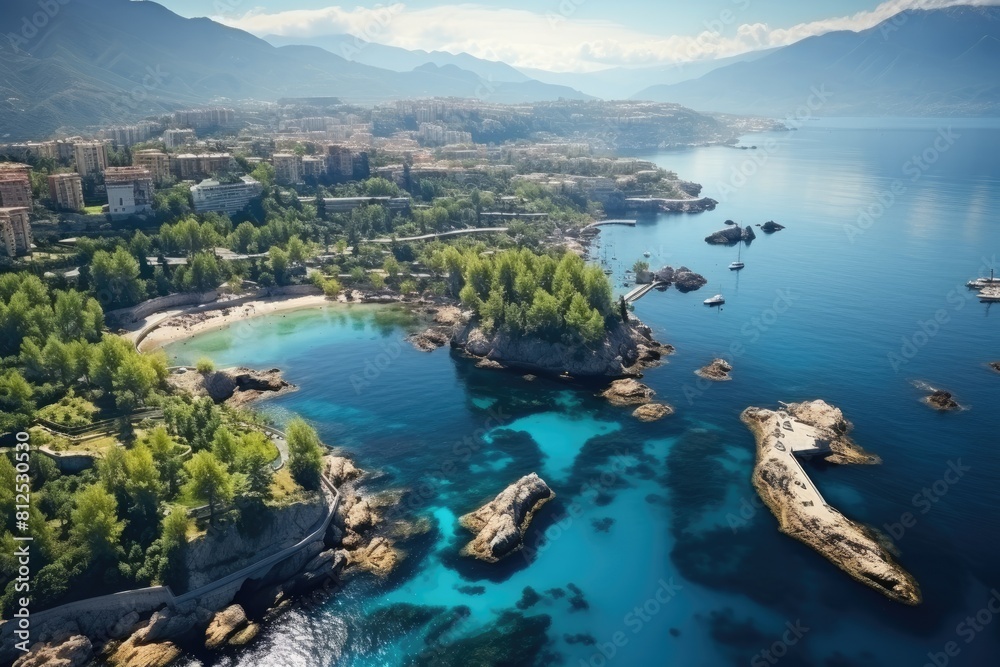 Obraz premium Monaco landscape. Stunning Aerial View of Coastal Cityscape with Turquoise Waters and Lush Greenery.