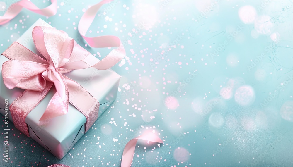 Fototapeta premium A blue beautiful gift box tied pink with a ribbon, on a background with a place for text