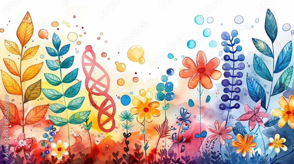 Gene therapy research in a botanical setting, featuring DNA spirals and biochemical charts next to vibrant plants on a white background
