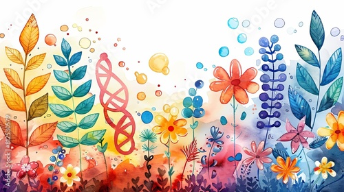 Gene therapy research in a botanical setting, featuring DNA spirals and biochemical charts next to vibrant plants on a white background photo