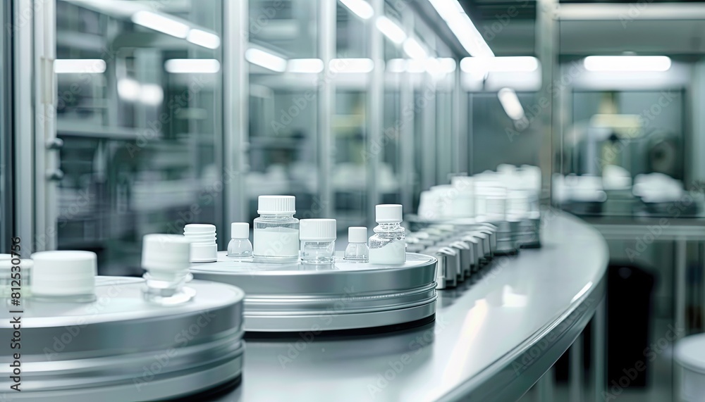 conveyor with bottles of cosmetics or medicines, production plant conveyor with bottles of cosmetics or medicines, production plant