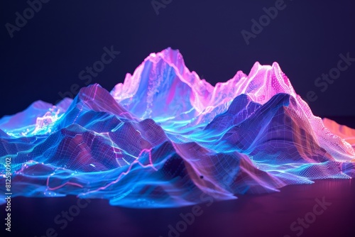 A mountain range with a bright colorful sun setting behind it