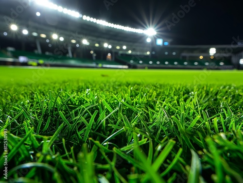 Close-up view of lush green soccer field under bright lights with empty stands in the background. photo