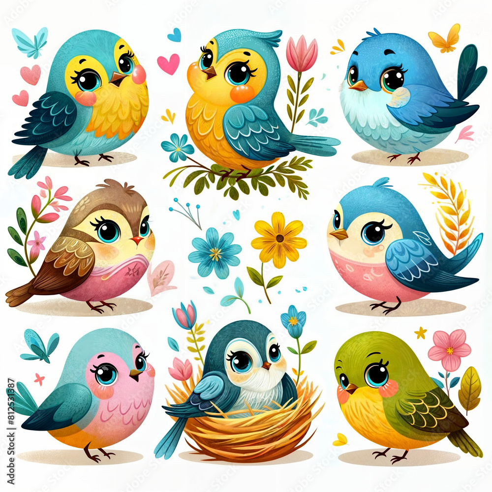 Spring birds template in bright color with big eyes. On light background for postcards, banners, backgrounds. Spring birds template in bright color with big eyes. On light background for postcards, banners, backgrounds.