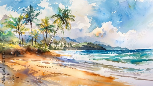 A painting of a beach with palm trees and a body of water. The mood of the painting is serene and peaceful