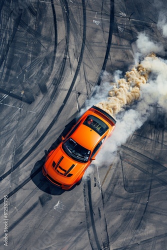  Drift, Aerial View of Professional Driver Executing a Perfect Drift on Asphalt Track orange car