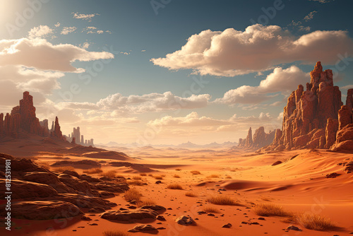 Generative AI. Stunning Desert Landscape at Sunset with Sand Dunes and Rock Formations. © Sci-Fi Agent