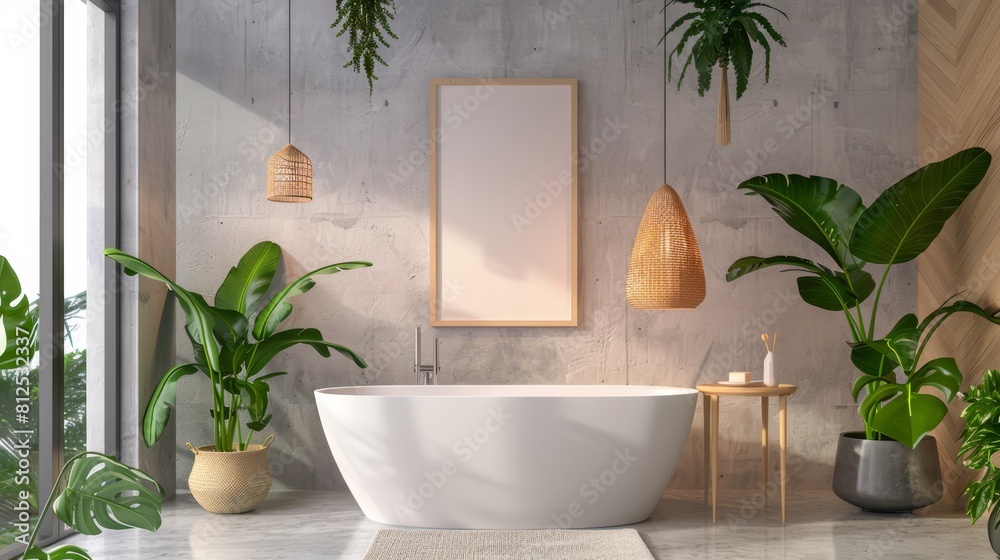 A bathroom with a white bathtub, a white framed picture, and a few potted plants