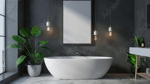 A white bathtub with a plant in a pot next to it