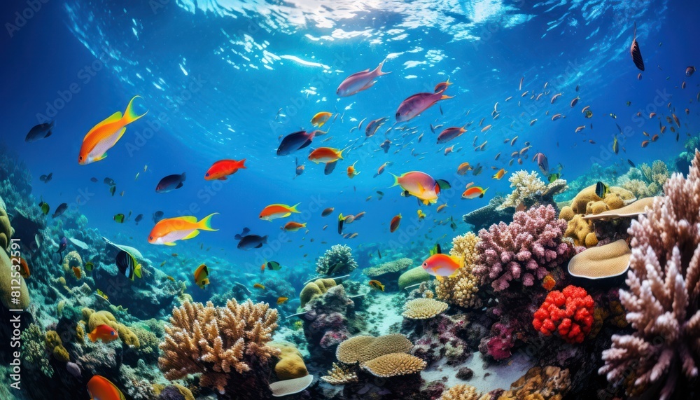 Tropical fish in the underwater, coral reef, amazing underwater life, various fish and exotic coral reefs, ocean wild creatures background