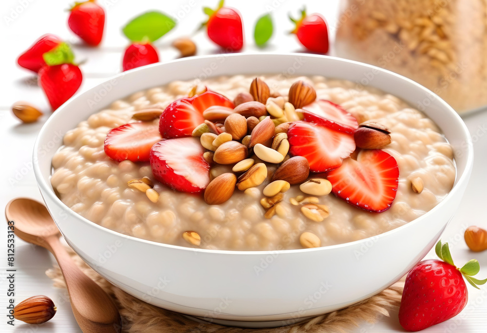 A bowl of oatmeal porridge topped with strawberries and nuts, against a white background A bowl of oatmeal porridge topped with strawberries and nuts, against a white background