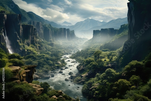 Generative AI. Venezuela landscape. Majestic Mountain Valley with Waterfalls and Lush Greenery.