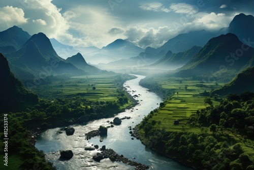 Generative AI. Vietnam landscape. Majestic River Winding Through Lush Green Valley and Mountains.