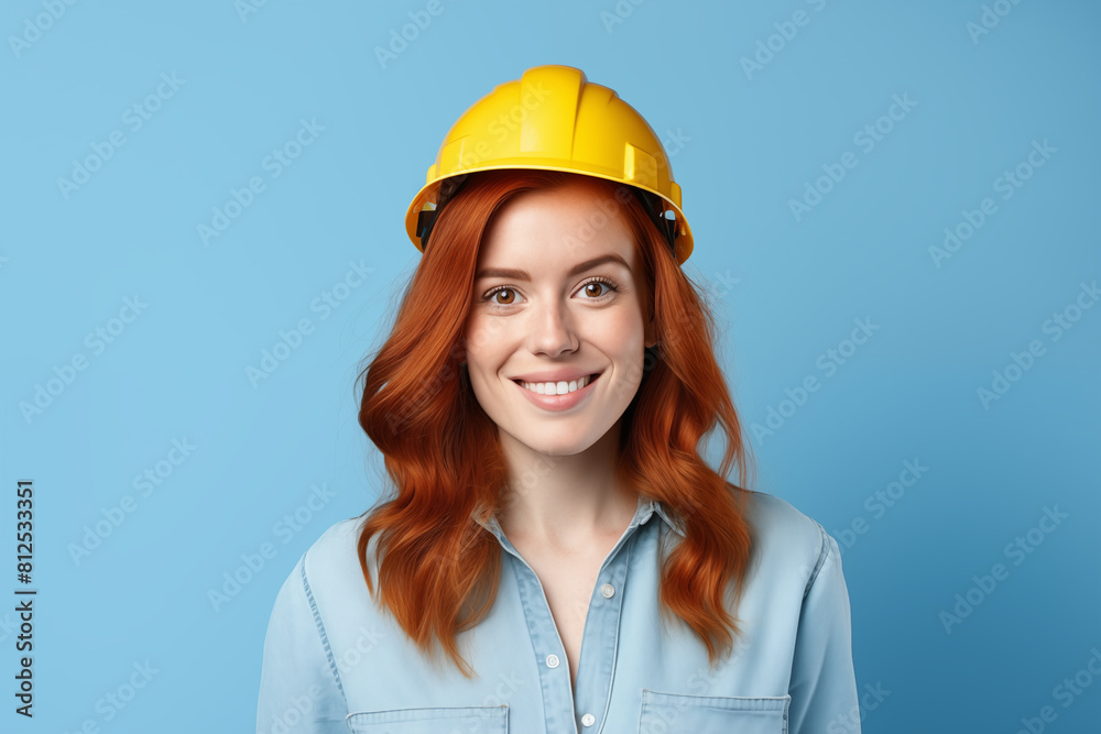 Young pretty Redhead girl over colorful background with worker cap Young pretty Redhead girl over colorful background with worker cap