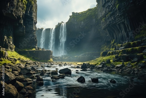 Generative AI. Majestic Waterfall in Lush Green Landscape with Rocky Cliffs and River.