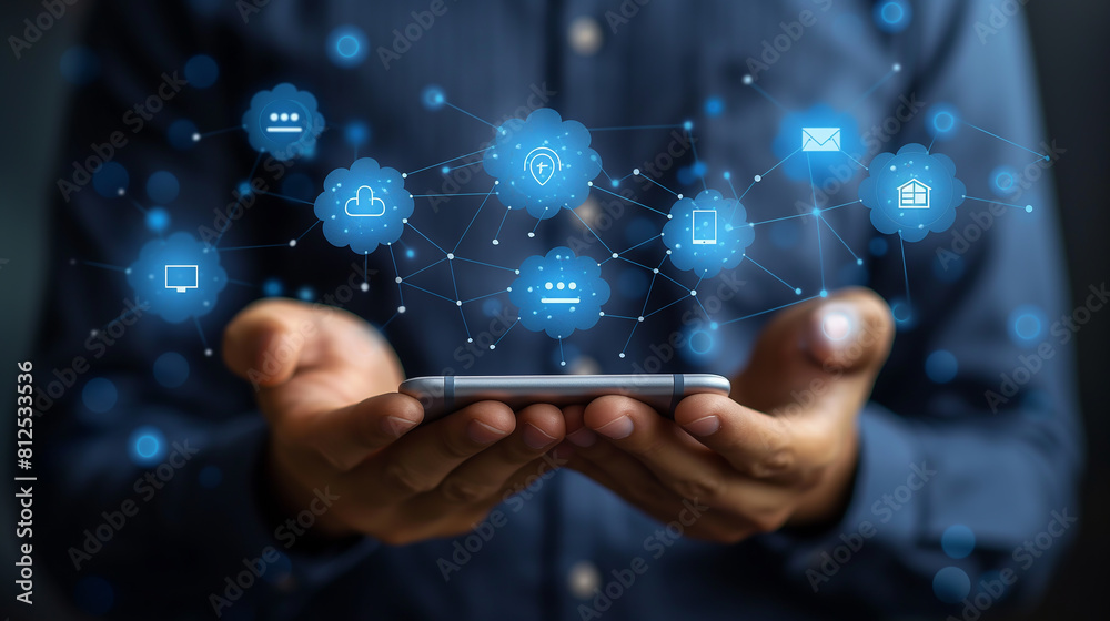 the man holding the smartphone with infographic of caht popup message showing, the man holding the smartphone with infographic of caht popup message showing,
