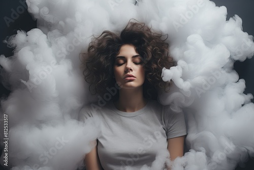 Generative AI. Dreamy Woman Surrounded by Soft White Clouds in a Mystic Atmosphere.