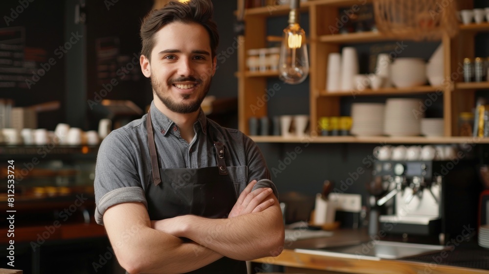 Portrait of a handsome barista in a grey t-shirt and apron standing at the bar of the modern cafe