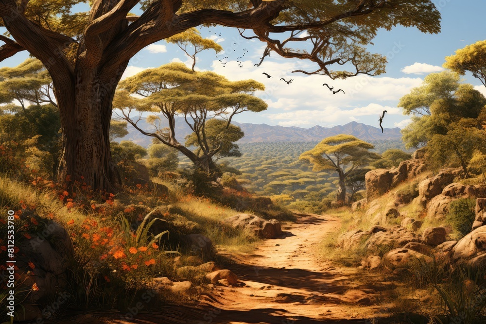 Fototapeta premium Generative AI. Zambia landscape. Serene African Landscape with Majestic Trees and Wildlife.