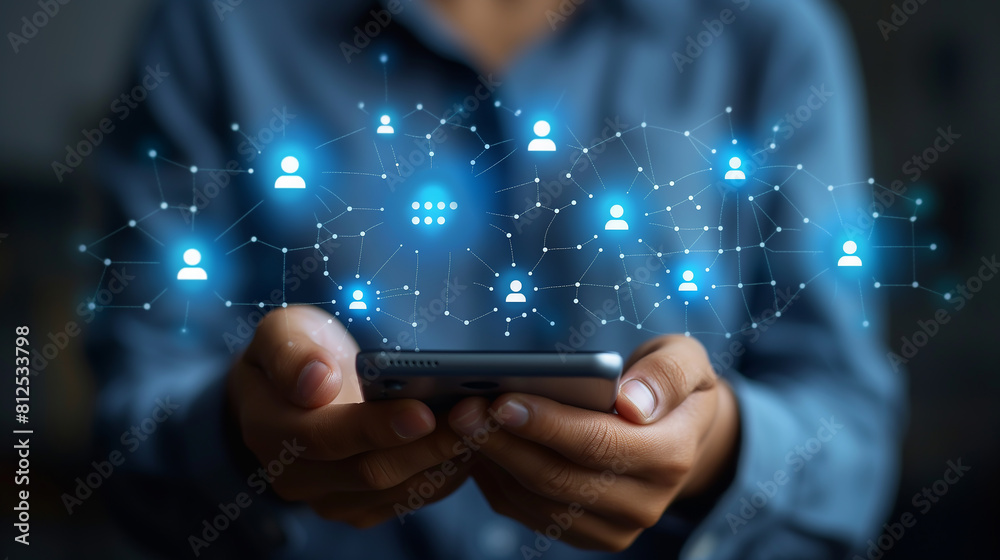 the man holding the smartphone with infographic of caht popup message showing, the man holding the smartphone with infographic of caht popup message showing,